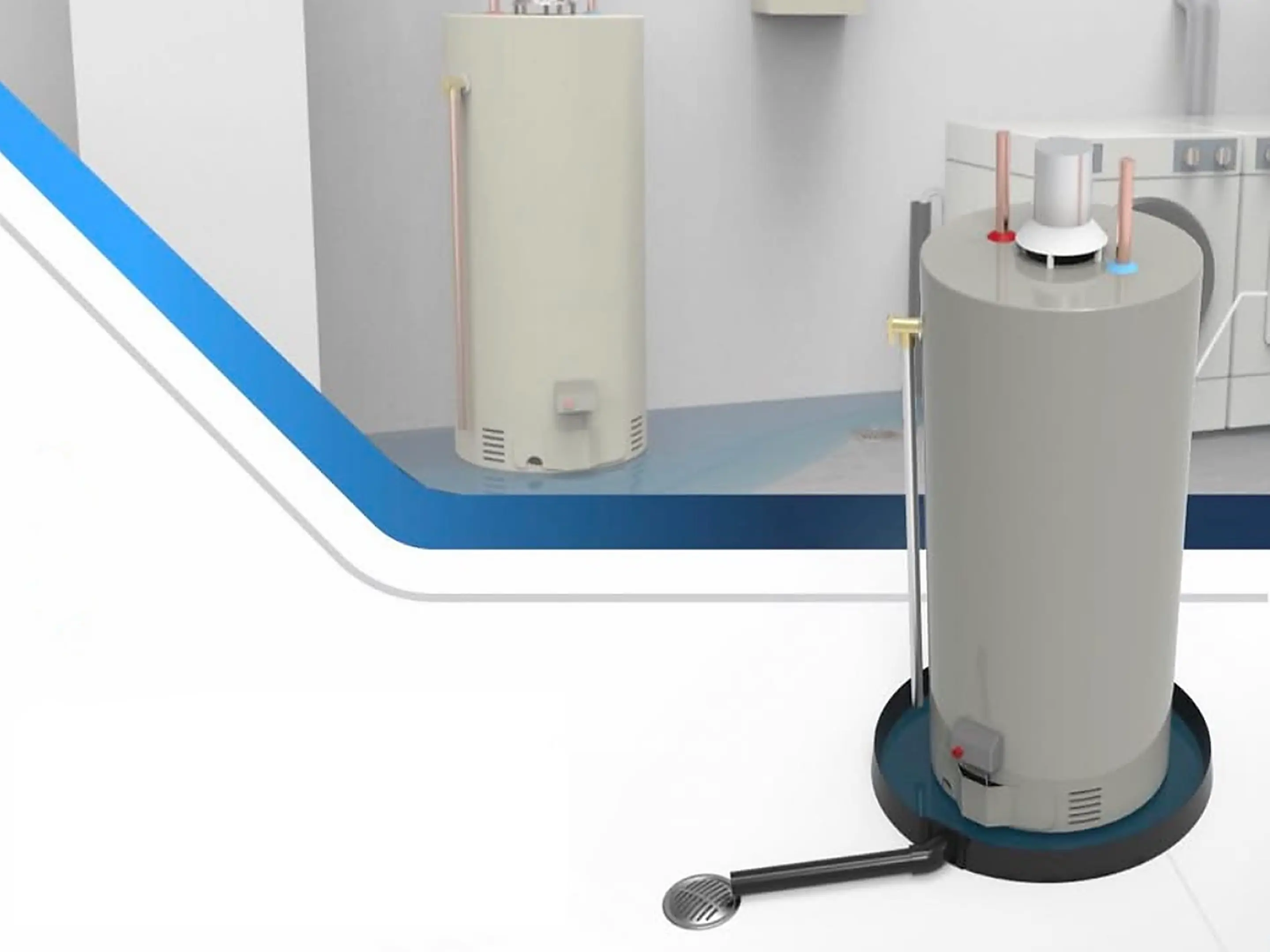 Two water heaters, one on a drain pan with pipe connected to floor drain in a laundry room.