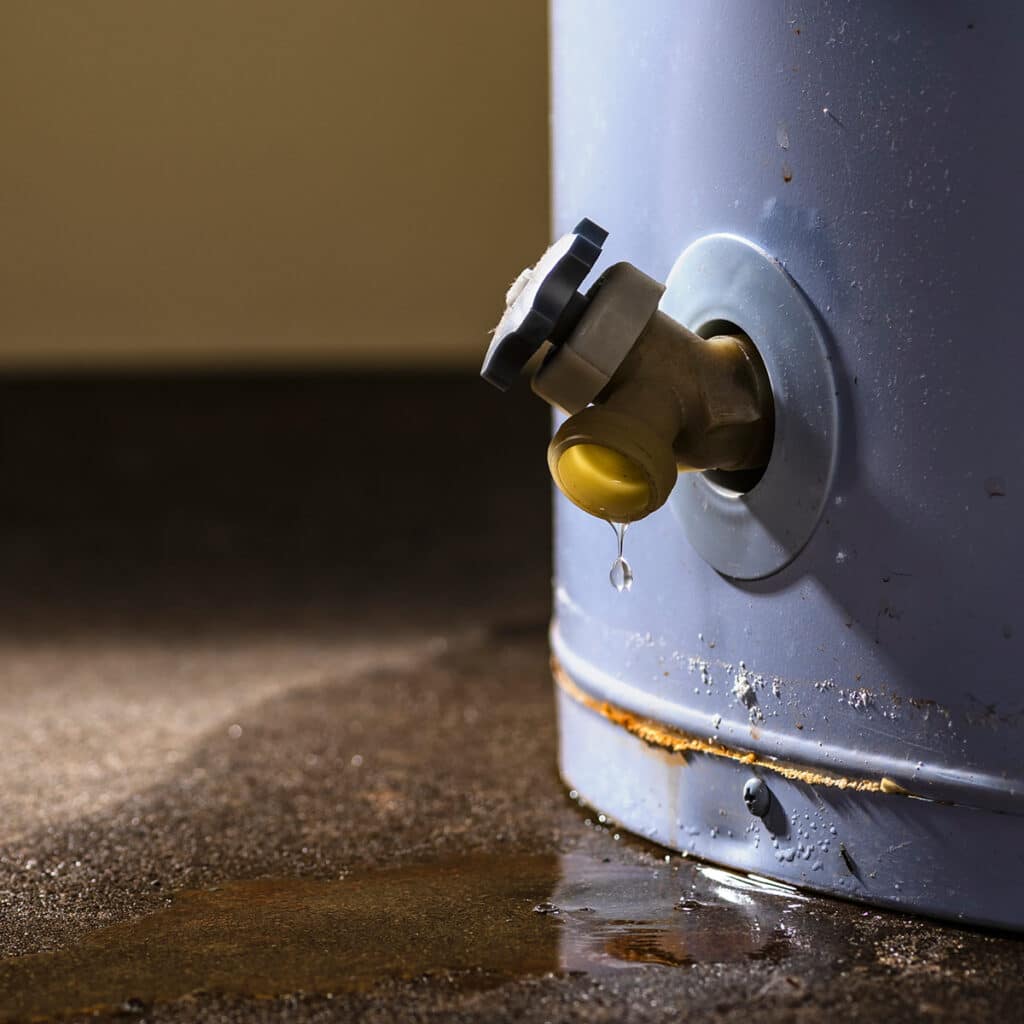 Water heater drain valve leaking water with droplets and a puddle forming below.